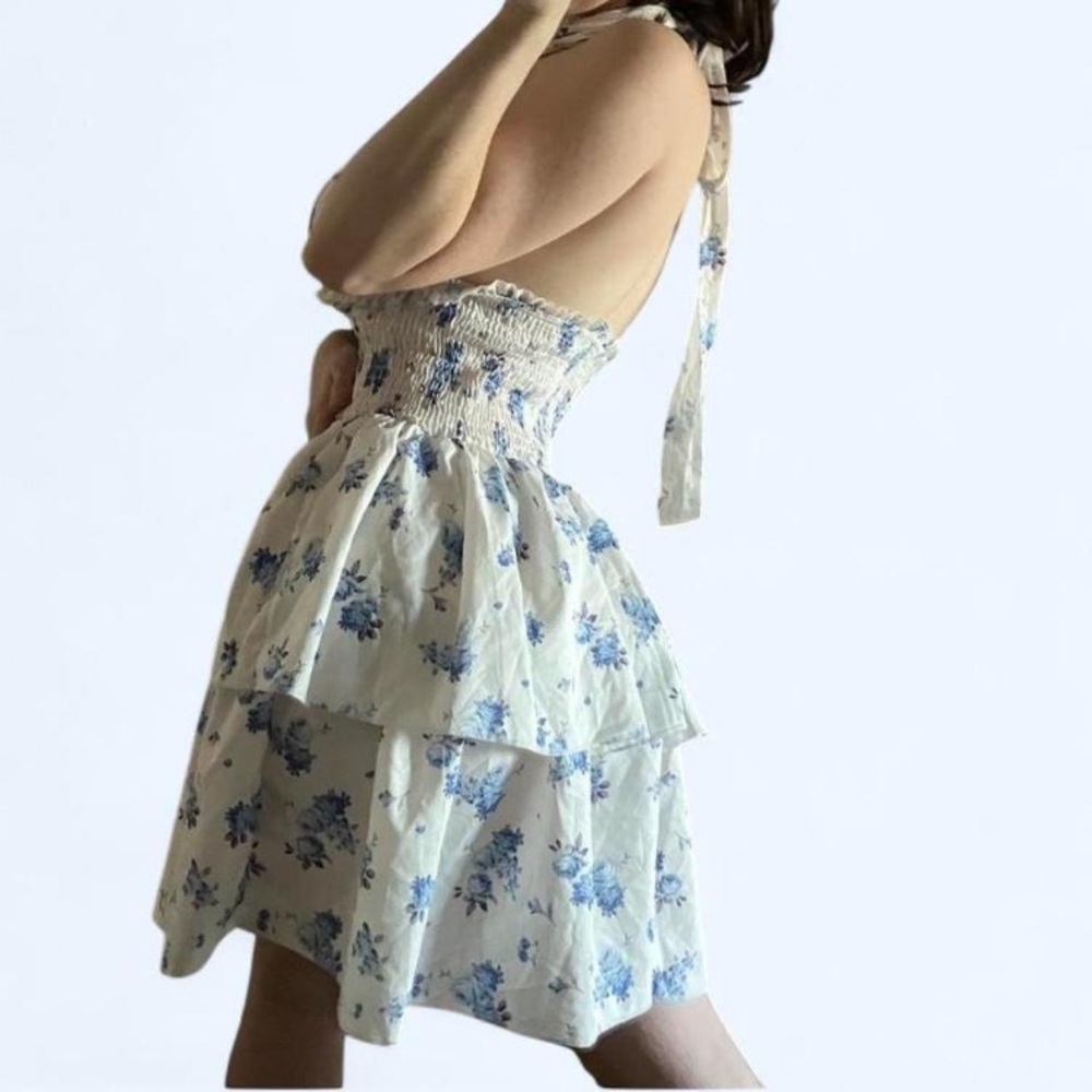 🦋 Floral Backless Halter Neck Ribbon Ruffle Dress 🦋 - Picture 2 of 3